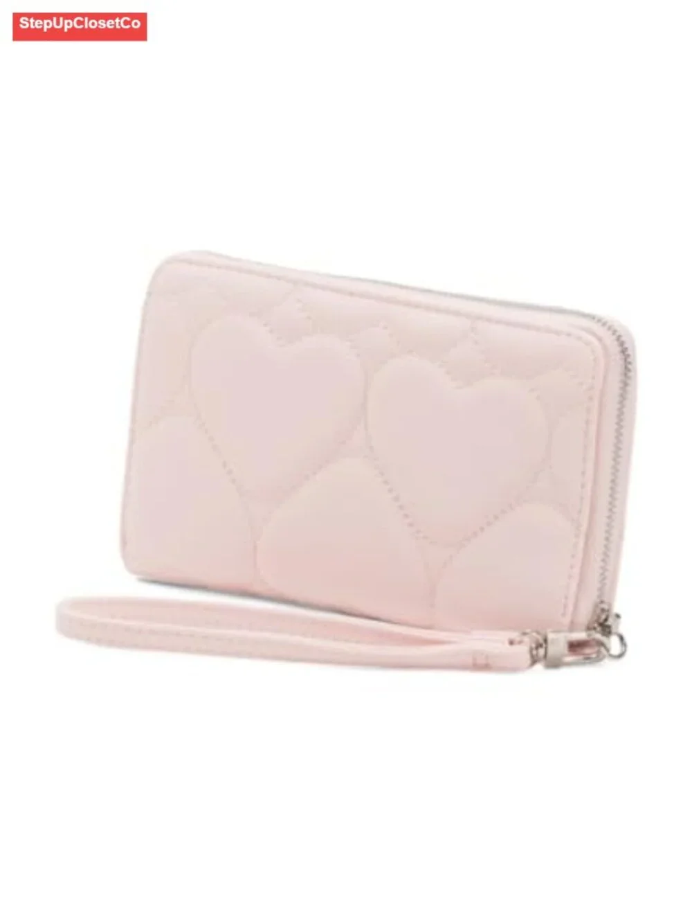 Quilted Heart Zip Around Wallet with Wristlet Strap Faux Leather